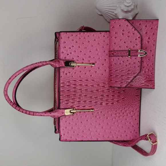 Hot Pink Faux Ostrich Brahmin-Like Hand-Bag Crossbody W/Matching Wristlet NWOT - Picture 16 of 16